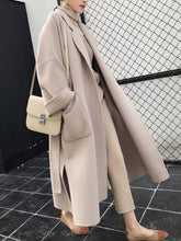 Aurohaya Elegant Long Wool Coat with Side Slit & Belt for Women Chic Fall/Winter Outerwear